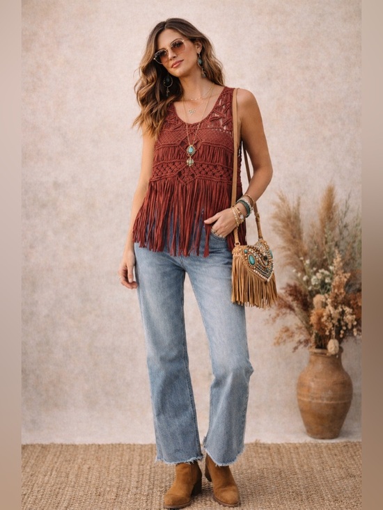 Zara Tops - Zara Macramé Fringe Boho Top Rust Crochet Festival Tank Size M